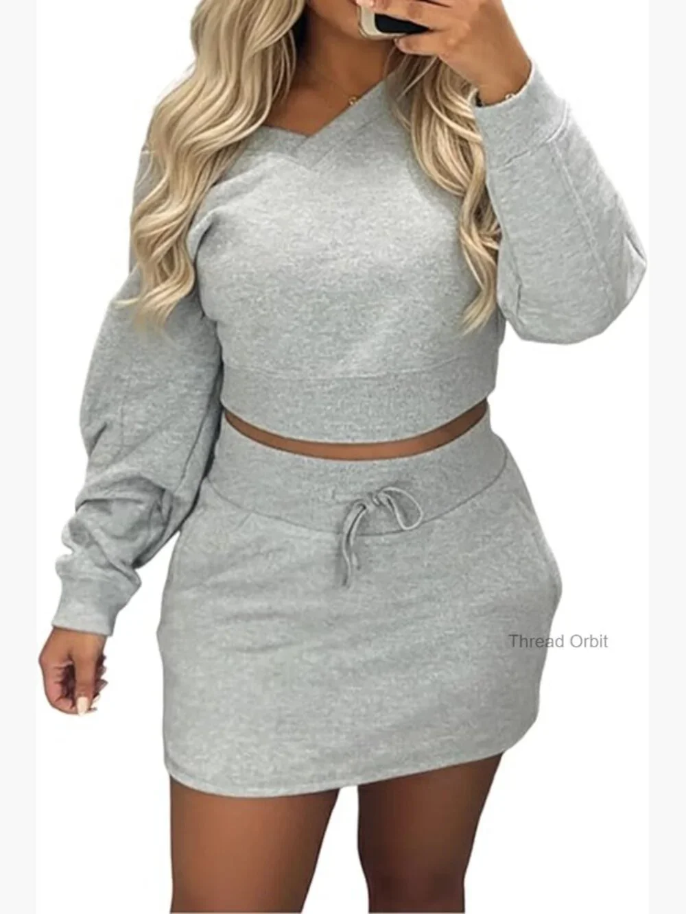 Women's 2 Piece Skort Set Lounge Sweatshirt V-Neck Travel Outfit Skirt Set